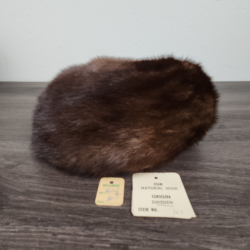 Vintage Gus Mayer Mink Fur Hat Brown Sweden Natural Pillbox w/ Hat Box